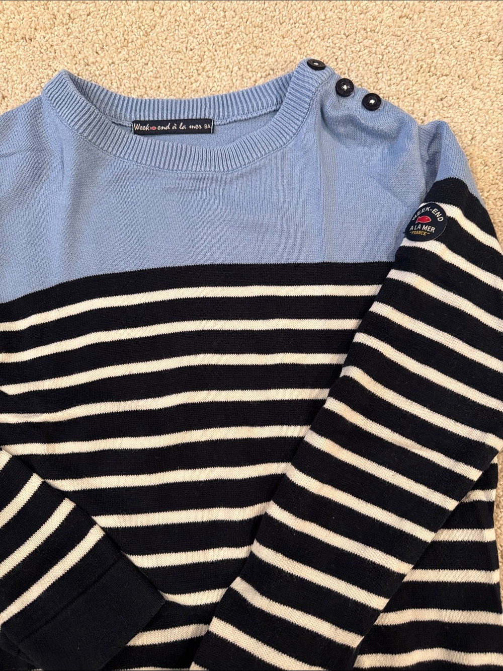 Striped Crewneck Sweater in Light Blue, Navy & White, size 8